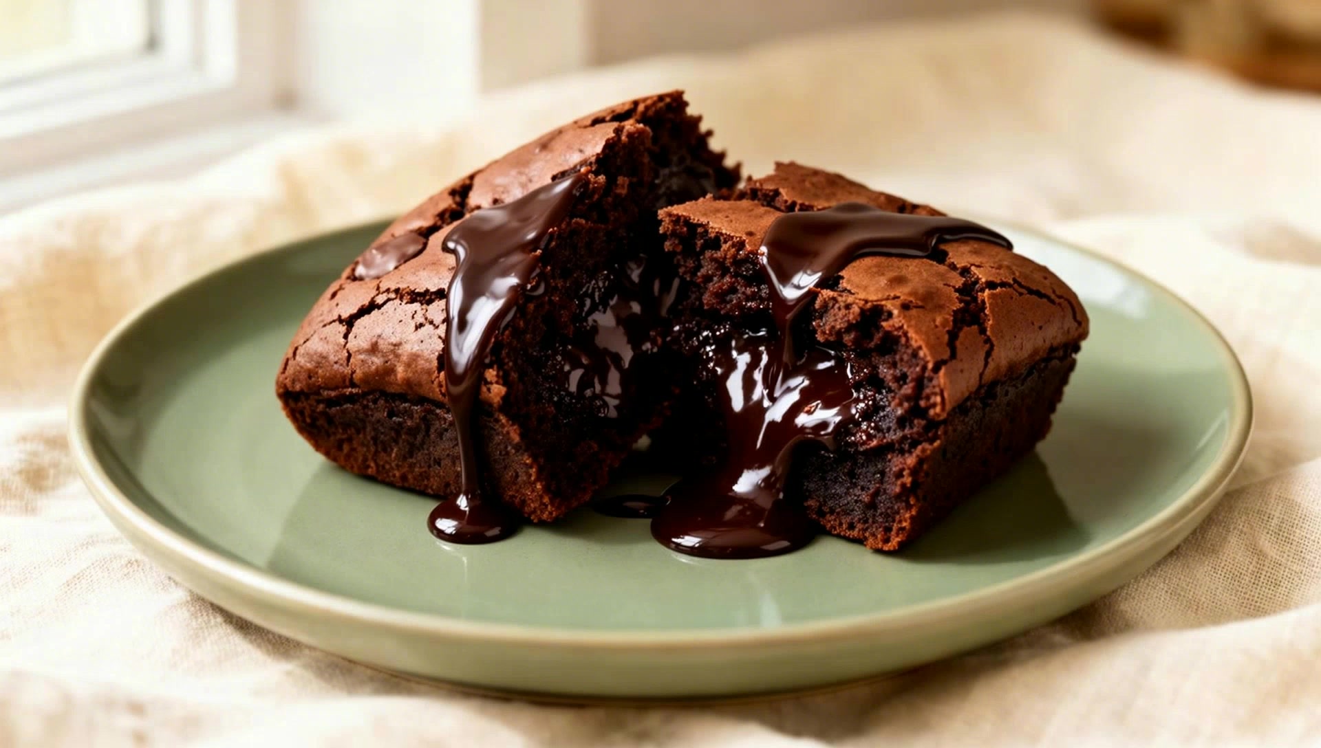 Chocolate sauce being poured over a fudge brownie on a sage plate